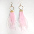 Pink feather tassel drop earrings with golden hammered circle pendants in bohemian style - Pink