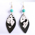 Bohemian leather leaf earrings with cow print and black texture plus turquoise bead - Beaded Cow Print Black (12)