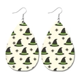 Detail of teardrop leather earrings featuring Halloween witch hats and spiders - Witch Hat And Spider Style