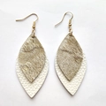 Detail of bohemian leather earrings with gold brown hair-on-hide and white textured layers - Golden Brown Plush Leaf (19)