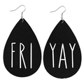 Black teardrop leather earrings with Friday Yay text and silver hooks for teachers - Faux Leather / FRI YAY Letter Pattern