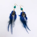 Detail of bohemian peacock feather earrings with blue layers and green beads - Blue and Brown Spliced Feather Style (1) / Royal Blue/Brown