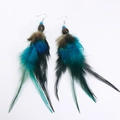 Close-up of bohemian peacock blue and black layered feather earrings with wooden beads - Peacock Blue and Green Layered Feather Style (2) / Peacock Blue/Lake Green