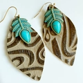 Détails de boucles d'oreilles en cuir en forme de feuille avec motifs gaufrés et turquoise - Style Gaufré Nervures de Feuille Triple Couche Marron Clair (17)