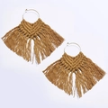 Handmade bohemian long tassel earrings with woven ginger cotton rope on gold metal rings - Turmeric