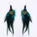 Close-up of bohemian long peacock feather earrings with metallic blue-green sheen - Natural Peacock Feather Style (3) / Natural Peacock Color