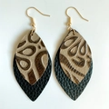 Pendientes vintage de cuero repujado en forma de lágrima con detalles turquesas y oro - Gota en Relieve de Doble Capa Negro y Tostado (1)