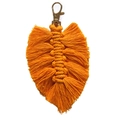 Detailed macro view of orange macrame leaf keychain with golden metal lobster clasp - Leaf Style / Bright Orange