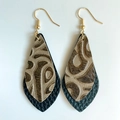 Detalle de pendientes vintage de cuero repujado con patrones marrones y ganchos dorados - Estilo en Relieve de Ondas de Doble Capa Marrón y Negro (6)