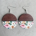 Handmade vintage wooden and floral leather round earrings with silver hooks for women - White Multicolor Floral Pattern (2)