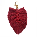Detailed view of handmade dark red woven leaf keychain with golden metal clasp - Leaf Style / Dark Red