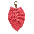 Handmade coral pink macrame leaf keychain with gold metal clasp on white background - Leaf Style / Coral Pink