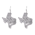 Glittery silver Texas map shaped leather drop earrings on a clean white background - Silver (4)