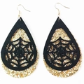 Halloween teardrop earrings featuring golden glitter and black spider web silhouette - Gold Glitter Hollow Spider Web