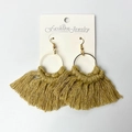 Handmade Bohemian tassel earrings in khaki cotton with gold metal rings on display card - Khaki