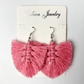 Detailed view of pink handmade woven tassel earrings with fan shape on white card - 小号粉色款式 (S7)