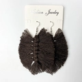 Detail of dark brown handmade woven tassel earrings with silver hooks on jewelry card - 大号深棕色款式 (B2)