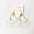 Detail of bohemian leaf earrings with gold metal pendant and white cotton fringe tassels - Leaf Tassel Style (1) / White