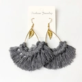 Detail of dark grey fringe earrings with golden leaf accent and woven tassel design - Leaf Tassel Style (3) / Dark Gray