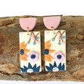 Handmade polymer clay rectangular earrings with 3D floral carvings on rustic wood block - Pink Semi-circle 3D Flower Rectangular Pendant (7)