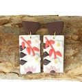 Handmade polymer clay earrings with floral relief on bark wood background - Dark Brown Semi-circle Forest Plant Rectangular Pendant (8)