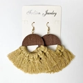 Bohemian mustard yellow cotton tassel earrings with dark brown wood accents - Turmeric