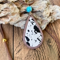 Bohemian cow print teardrop pendant necklace with turquoise bead and wood frame - Cow Print Style (2)