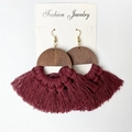 Bohemian wine red handmade woven tassel earrings with wooden semi-circles and gold hooks - Burgundy