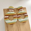 Handmade polymer clay rainbow striped earrings with geometric round drop design - Sage Green Mustard Yellow Striped Style