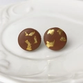 Macro detail of handmade brown polymer clay round stud earrings with gold foil texture - Chocolate Brown(6)