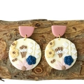 Macro detail of handmade clay earrings with 3D floral relief on rustic bark background - Pink Semi-circle 3D Floral Round Pendant (11)
