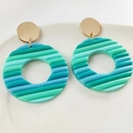 Round geometric hoop earrings with gold metallic stud and green gradient clay texture - Gold Metal Gradient Green Striped Style