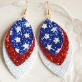 Detail of red white and blue glitter leather earrings for Independence Day celebration - USA Flag Three-Layer Leaf Style (3)