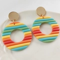 Rainbow striped polymer clay hoop earrings with golden circular stud fasteners - Bright Rainbow Striped Patchwork Style
