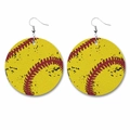 Retro faux leather softball earrings with red stitching details on a white background - Round/Distressed Softball/No.7