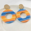 Round geometric drop earrings with blue and orange wave textured rainbow stripes - Blue Orange Contrast Striped Style