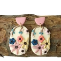 Detailed close-up of handmade clay earrings with 3D floral textures and colorful patterns - Pink Semi-circle 3D Floral Oval Pendant (9)