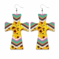 Detail view of cross-shaped faux leather earrings featuring sunflowers and geometric patterns - Sunflower Geometric Cross Style (1)
