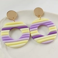 Polymer clay hoop earrings with purple and yellow striped texture and gold studs - Purple Yellow White Color Block Striped Style