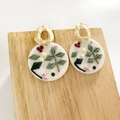 Handmade white clay floral hoop earrings with green leaves and pink buds and gold loops - Gold Ring Forest Red Berries White Round Pendant (2)