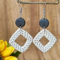 Handmade bohemian rattan weave earrings with grey round clay tops and wooden background - Gray Disc Square Rattan Style (3)