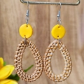 Handmade bohemian drop earrings with yellow clay studs and rattan woven pendants - Yellow Disc Teardrop Rattan Style (4)