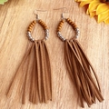 Detail of bohemian long brown suede tassel earrings with turquoise and wood beads - Brown Style (1)