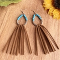 Detail of bohemian tassel earrings featuring turquoise beads on a light wood surface - Sky Blue Style (2)