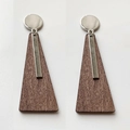 Macro shot of geometric wooden and silver metal drop earrings with natural textures - Isosceles Trapezoid Wood Style (4657643808020) / Silver/Brown