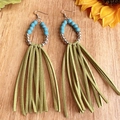 Detail of bohemian long olive green tassel earrings with turquoise beads and silver accents - Olive Green Style (3)