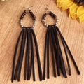 Bohemian long brown suede fringe earrings with turquoise beads on rustic wood background - Dark Brown Style (4)
