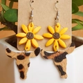 Boho leopard print cow head earrings with yellow sunflower clay stud detail - Sunflower Fur Texture Leopard Bull Head Style (6)
