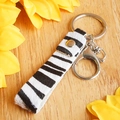 Detailed view of zebra print cowhide leather keychain with silver metal ring and lobster clasp - Zebra Print