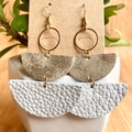 Bohemian semi-circle leather earrings with gold glitter and white texture hanging on card - Two-Layer Semi-Circle Geometric Style (2) / White